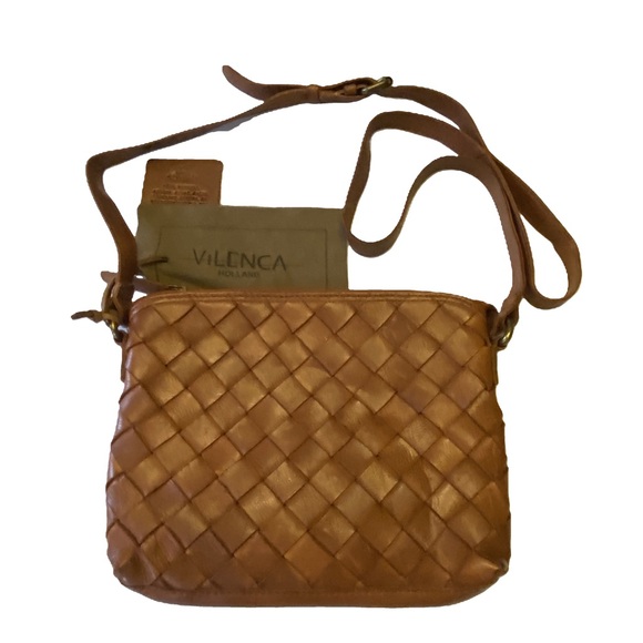 Vilenca Holland Woven Leather Cognac Brown Shoulder Purse Crossbody Bag - Picture 2 of 11
